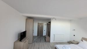 巴亞馬雷的住宿－Hotel IMPERYUM，一间卧室配有一张床,墙上配有电视
