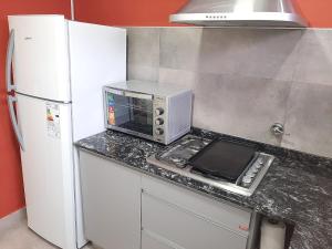 a kitchen with a microwave on a counter next to a refrigerator at DEPARTAMENTO CÉNTRICo LUJÀN 2 in Luján