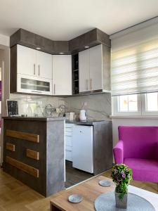 uma cozinha com um sofá roxo num quarto em APARTMAN TAMARA LUX em Vrnjačka Banja