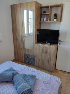 um quarto com uma televisão e uma cama com almofadas azuis em APARTMAN TAMARA LUX em Vrnjačka Banja