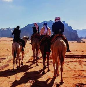 a group of people riding horses in the desert at Desert star camp in Wadi Rum