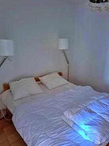 Una cama blanca con una luz azul. en Vakantie Woning Le Chat Maison 175 en Écuras