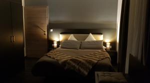 a bedroom with a large bed with two lamps on it at APPART-HOTEL, Einsteinstraße in Herzogenaurach