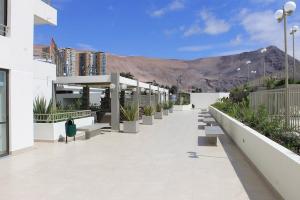 a row of benches on a sidewalk with mountains in the background at ALTOS DE HUAYQUIQUE in Iquique
