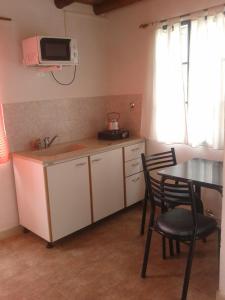 コロンにあるDepartamento Costa del Uruguayのキッチン(シンク、テーブル、電子レンジ付)