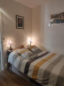 een slaapkamer met een bed met twee lampen erop bij La tranquillité proche des châteaux de la Loire. in Vendôme
