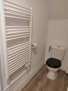 een badkamer met een toilet en een zwarte stoel bij La tranquillité proche des châteaux de la Loire. in Vendôme