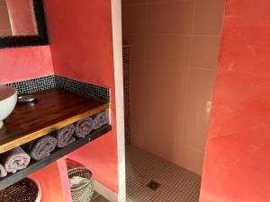 a bathroom with red walls and a shelf with towels at Villa Luxe Port Nature 1 Jasmine in Cap d'Agde