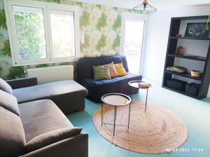 un salon avec un canapé bleu et deux tables dans l'établissement La cahute, appartement T2 avec jardin ou appartement familial T6, à Montauban