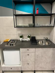 a small kitchen with a sink and a stove at MONOLOCALE PIAZZA FONTANA GRANDE ALLOGGIO TURISTICO in Viterbo
