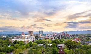 a cityscape of a city with trees and buildings at 'The Views Over Pack Square Park' A Luxury Downtown Condo with Mountain and City Views at Arras Vacation Rentals in Asheville