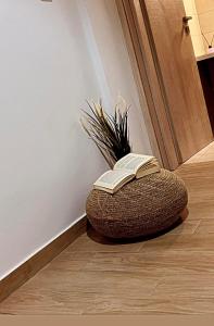 a book sitting on a ottoman with a plant at Abuelo Apartment in Artemida