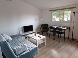 ein Wohnzimmer mit einem Sofa und einem Tisch in der Unterkunft Rykowisko - domki całoroczne nad jeziorem i rzeką in Szczecinek