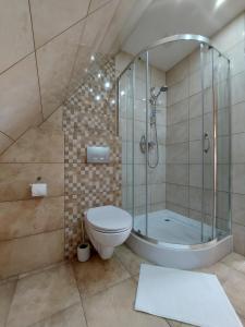 a bathroom with a shower and a toilet and a tub at Villa TATRIA in Witów