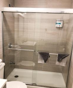 uma casa de banho com um chuveiro e uma porta de vidro em Lazy Cuckoo Inn - Sleek and Stylish Studio Apartments em Fort Myers Beach