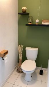 a bathroom with a white toilet in a green wall at Vie de famille in Sainte-Cécile-Plage