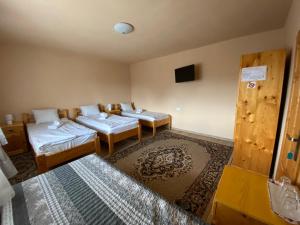a room with two beds and a tv at Pensiunea Roșu in Orăştie