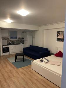 sala de estar con cama y sofá azul en Tranzzit Airport Apartament I, en Otopeni