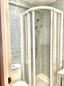 La salle de bains est pourvue d'une douche, de toilettes et d'un lavabo. dans l'établissement CUATRO CAMINOS, à Madrid