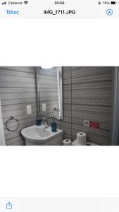 La salle de bains est pourvue d'un lavabo, de toilettes et d'un miroir. dans l'établissement Maria Holiday Apartments, à Protaras