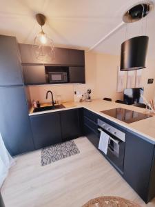 a kitchen with black cabinets and a sink at Duplex neuf centre ville avec parking in Neauphle-le-Château