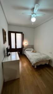 a bedroom with a bed and a desk with a television at Pensión Buen Camino in Estella