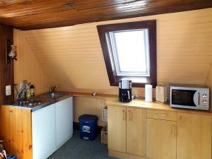 eine Küche mit Mikrowelle, Spüle und Fenster in der Unterkunft Ferienhaus Zum Gründel in Prossen