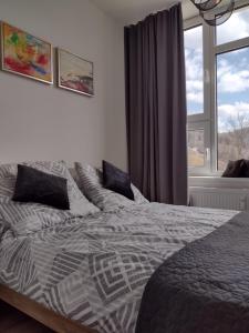 a bedroom with a bed and a large window at Apartamenty Ustroń Jaszowiec 92 abc in Ustroń