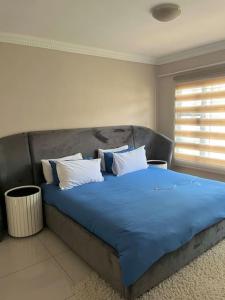 Schlafzimmer mit einem Bett mit blauer Bettwäsche und Kissen in der Unterkunft Cozy home with a pool,garden and small Lapa, 2 Bed in Sandton