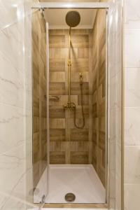 a shower with a glass door in a bathroom at Apartments on Velyka Vasylkivska 47 in Kyiv