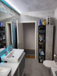 ein Bad mit einem Waschbecken und einem WC in der Unterkunft Ferienwohnung Kempten (Allgäu) in Breiten