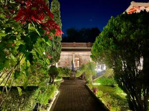 un jardín de noche con flores y plantas en Utopía Hotel Boutique, en Ciudad de México