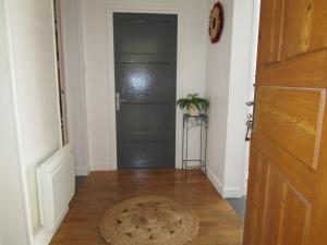 a hallway with a black door and a rug at Appartement Rez de chaussée Résidence les Oliviers in Langeac