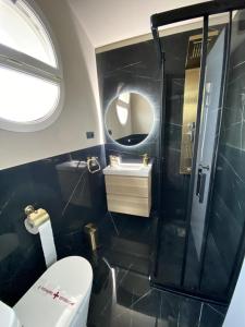 a bathroom with a toilet and a sink and a mirror at Villa OLYMPIA in Castro-Urdiales