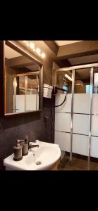 a bathroom with a white sink and a mirror at The Leaf room in Veria