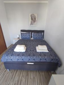 een slaapkamer met een blauw bed met 2 kussens bij Three Lions Apartment in Pula