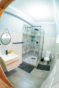 a bathroom with a shower with a sink and a toilet at Mdumela Stays 2 Bedroom Modern City Apartment in Pietermaritzburg