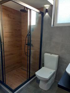 uma casa de banho com um WC e uma cabina de duche em vidro. em Bohemian Home em Skopje