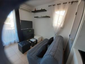 a living room with a couch and a television at Sous le soleil des Alpilles in Mouriès