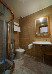 a bathroom with a toilet and a sink and a shower at Hostal Rural El Tejar in Layos