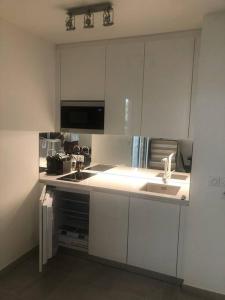 een witte keuken met een wastafel en een magnetron bij Splendide studio, 10' a pied de Monaco + parking in Beausoleil