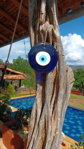 a blue frisbee hanging from a tree next to a pool at Casa Upa ,casa con piscina espectacular, Barichara in Barichara