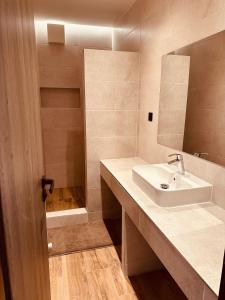 a bathroom with a sink and a mirror at Kerkira pub&restaurant in Veľké Úľany