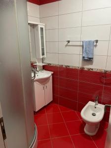 een rode badkamer met een toilet en een wastafel bij Villa Mimoza in Golem