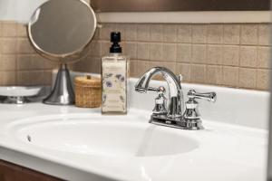 a bathroom sink with a bottle of soap and a mirror at A Peaceful Suite Stay in Brentwood Bay