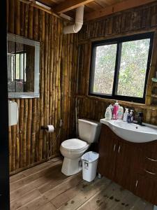 a bathroom with a toilet and a sink and a window at Aqeel cabin in the nature in Penonomé