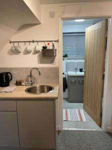 イブシャムにあるLittle Moat - Moat Farm Barns a small modern studio in the garden on our family farmのキッチン(シンク付)、バスルームへのドア +5枚の写真