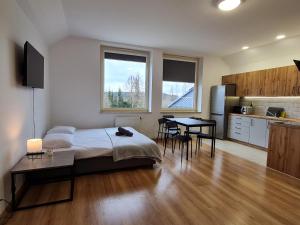 a bedroom with a bed and a table and a kitchen at Apartamenty Pod Dachem in Lutowiska