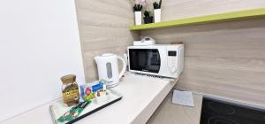 a small kitchen with a counter with a microwave at Studio 7 in Novi Sad