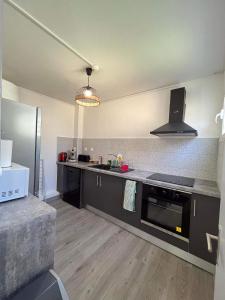 a kitchen with black cabinets and a stove top oven at La Kaz Vert d’Õ in Saint-Denis